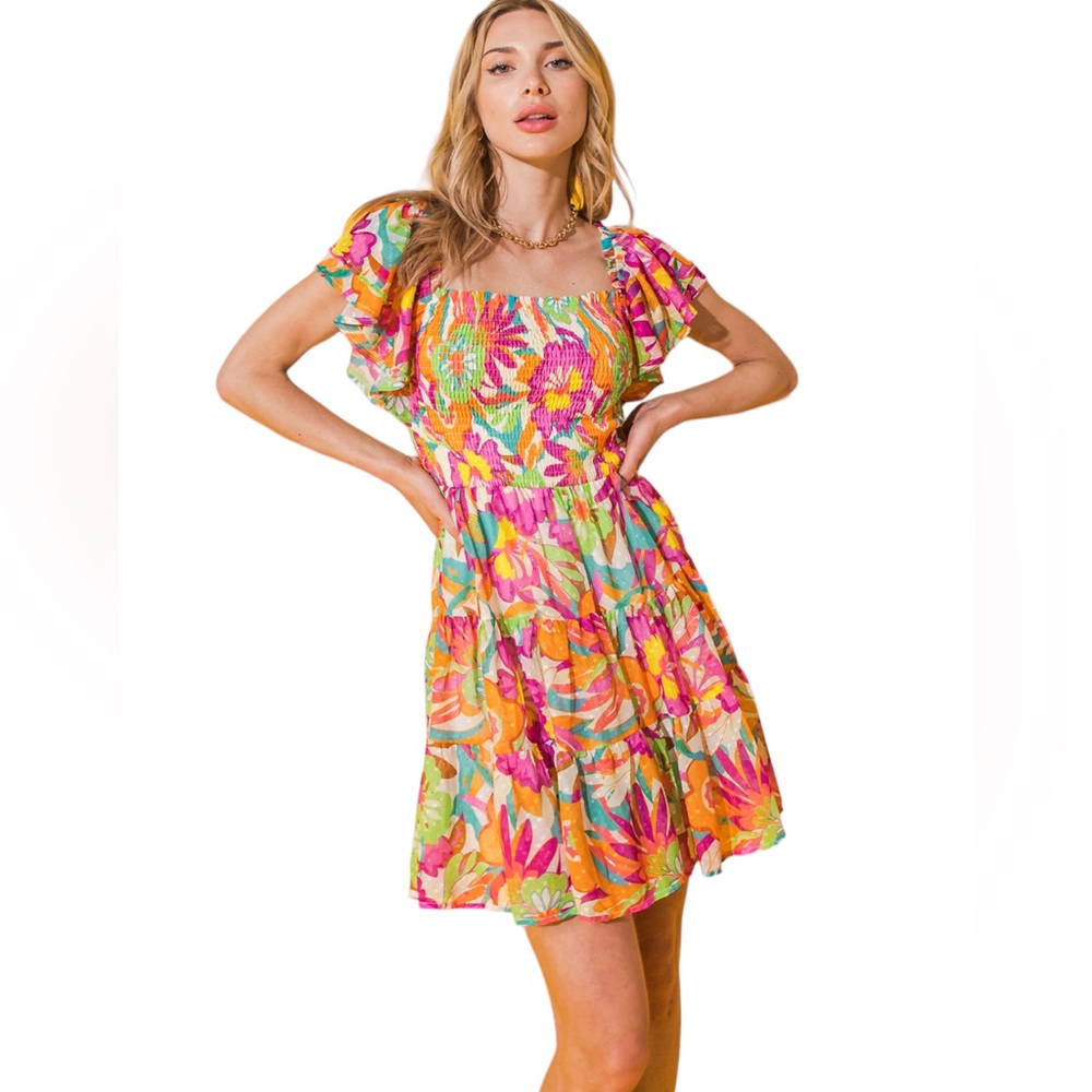 195. Women’s Multi Floral Smocked Flutter Sleeve Dress NWT